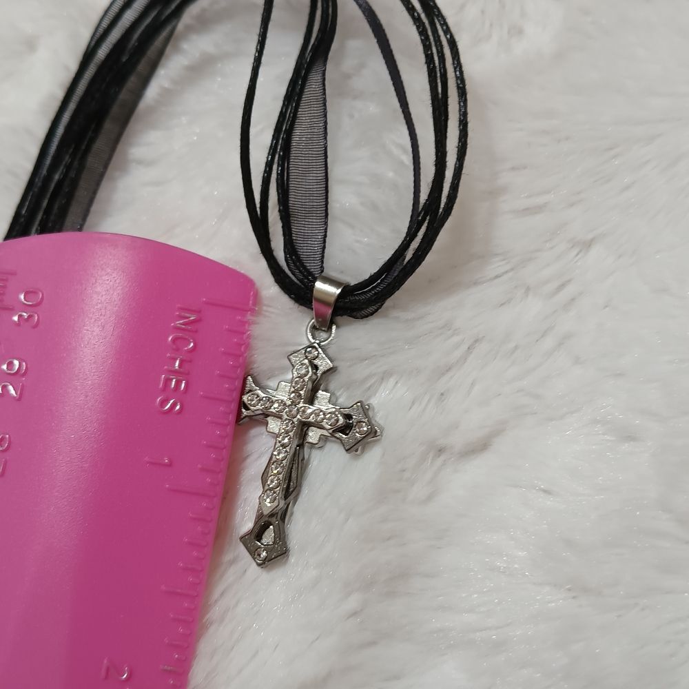 Black Ribbon Silver Rhinestone Cross Necklace - Picture 4 of 6